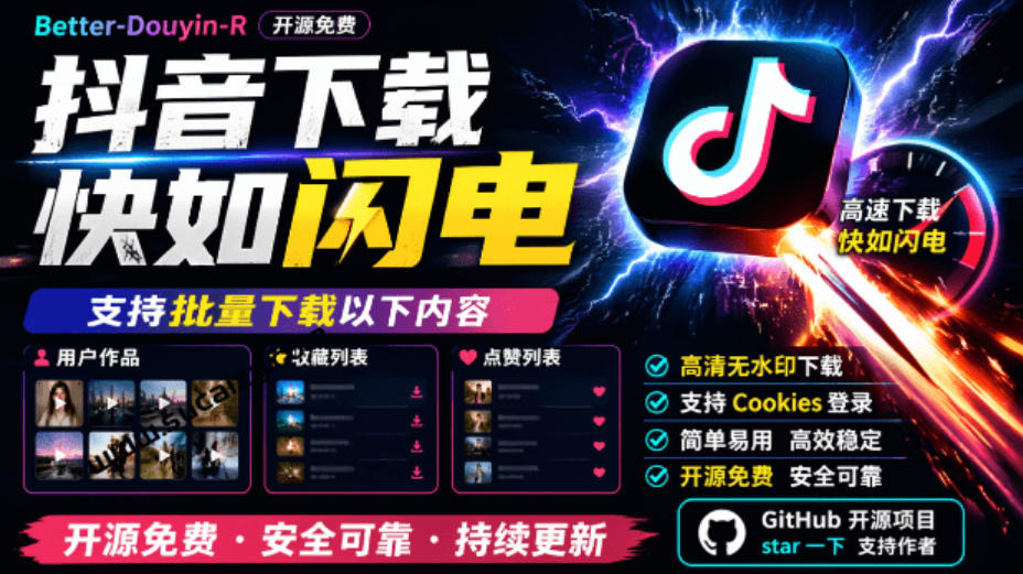 超级好用!抖音视频下载神器,支持批量下载用户作品收藏列表和点赞列表,开源完全免费Better-douyin-R