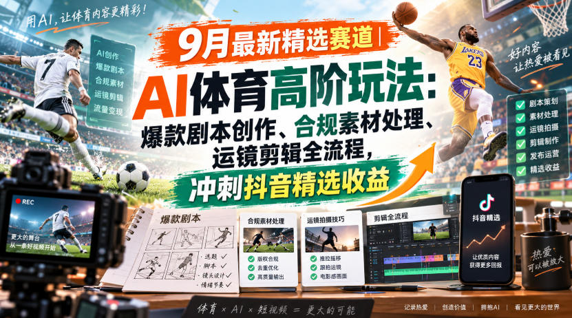 某大佬的9月最新精选赛道之AI体育顶级玩法,爆款剧本创作、版权规避、运镜剪辑全流程,稳拿抖音精选收益