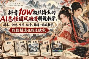 抖音10W粉丝博主的AI志怪国风动漫解说教学，剧本、分镜、生图、配音、剪辑一站式教学，能挂精选也能进独家​