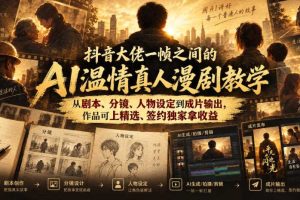 抖音大佬一帧之间的AI温情真人漫剧教学,从剧本、分镜、人物设定到成片输出,作品可上精选、签约独家拿收益