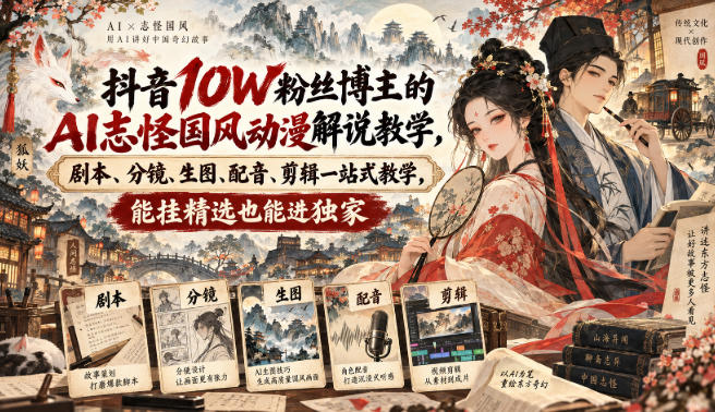 抖音10W粉丝博主的AI志怪国风动漫解说教学,剧本、分镜、生图、配音、剪辑一站式教学,能挂精选也能进独家