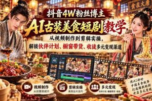 抖音4W粉丝博主AI古装美食短剧教学,从视频制作到剪辑实操,解锁伙伴计划、橱窗带货、收徒多元变现渠道
