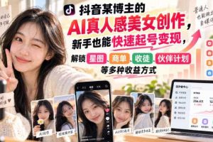 抖音某博主的AI真人感美女创作，新手也能快速起号变现，解锁星图，商单，收徒，伙伴计划等多种收益方式