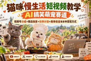猫咪慢生活短视频教学,AI搞笑萌宠赛道,视频号分成+精选独家+伙伴计划+商单收徒等多种变现方式