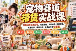 宠物赛道带货实战课，零基础零成本起号，场景搭建、文案拍摄、网感剪辑、黄金钩子、爆品选品、低成本投流全覆盖
