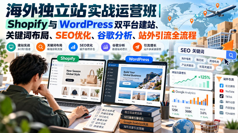 海外独立站实战运营班｜Shopify与WordPress双平台建站、关键词布局、SEO优化、谷歌分析、站外引流全流程