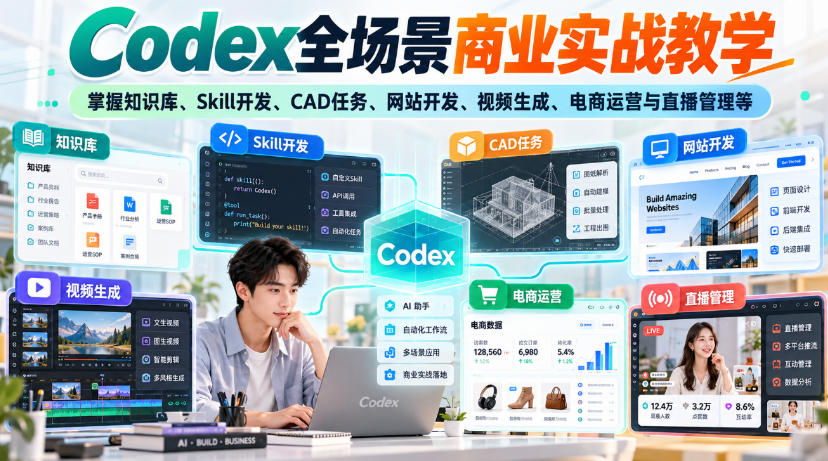 【无水印】Codex全场景商业实战教学,掌握知识库、Skill开发、CAD任务、网站开发、视频生成、电商运营与直播管理等