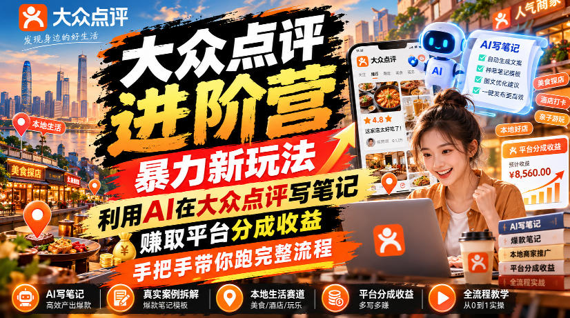 大众点评进阶营,暴力新玩法,利用AI在大众点评写笔记, 賺取平台分成收益,手把手带你跑完整流程