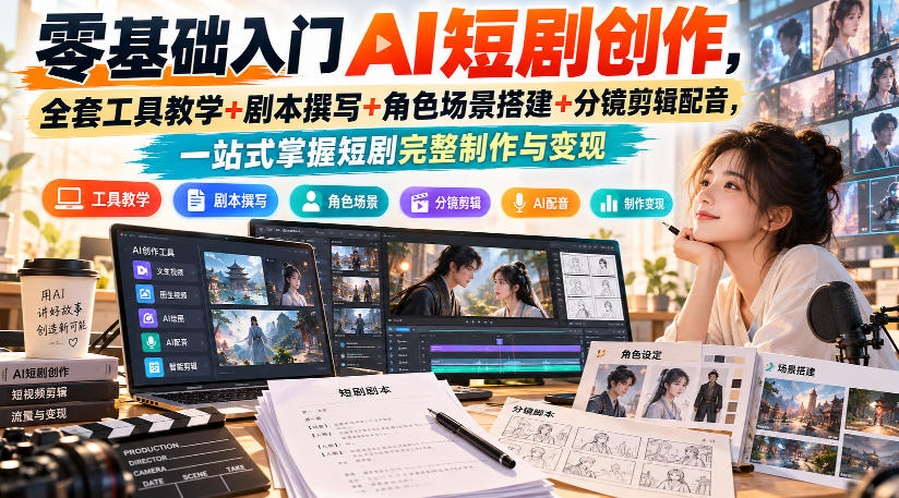 零基础入门AI短剧创作，全套工具教学+剧本撰写+角色场景搭建+分镜剪辑配音，一站式掌握短剧完整制作与变现