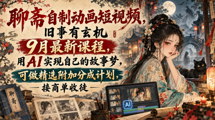 聊斋自制动画短视频,旧事有玄机9月最新课程,用AI实现自己的故事梦,可做精选附加分成计划,接商单收徒