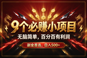 （20810期）9个必赚的小项目，无脑简单，百分百赚米的，副业首选，日收500+