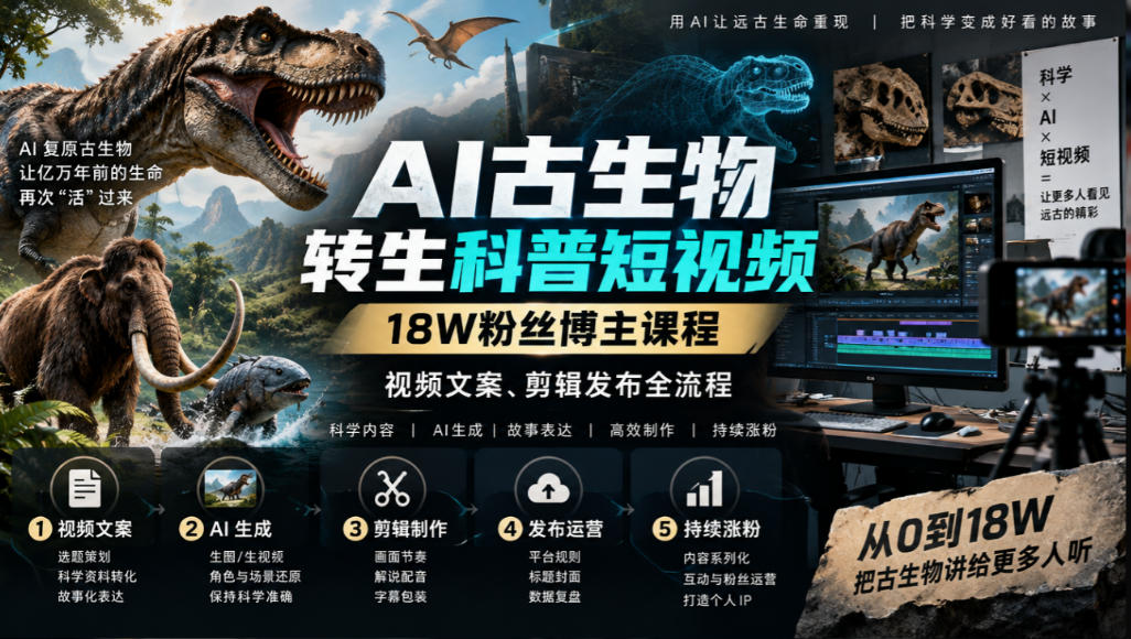 AI古生物转生科普短视频,18W粉丝博主课程,视频文案、剪辑发布全流程