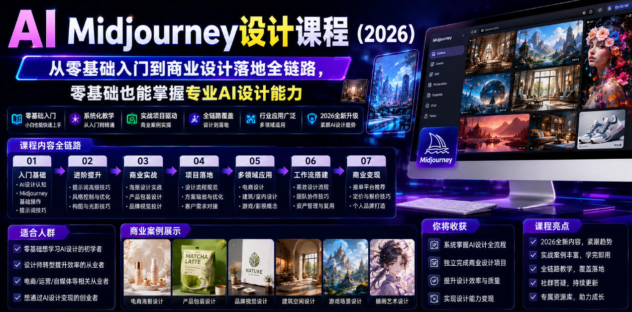 AI Midjourney设计课程(2026),从零基础入门到商业设计落地全链路,零基础也能掌握专业AI设计能力(更新1007)