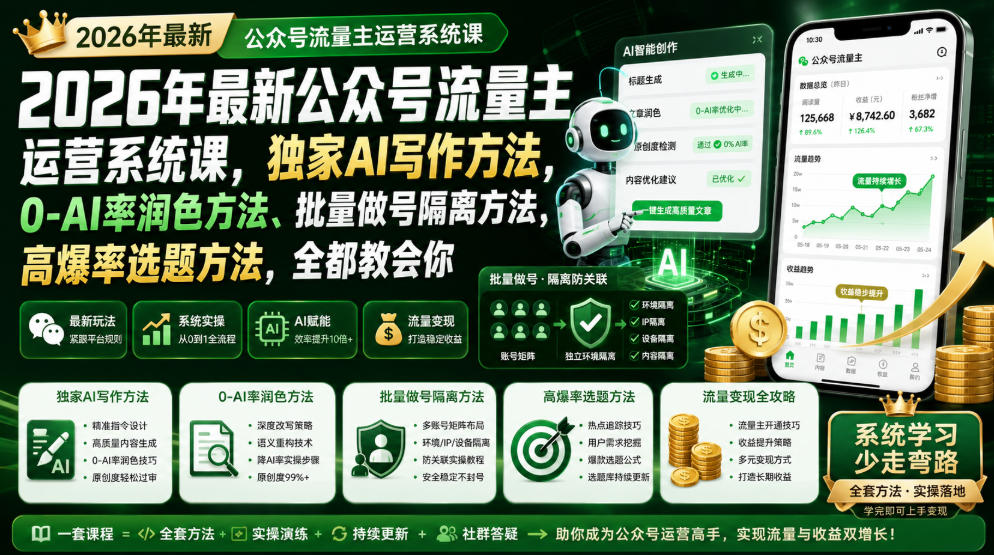 2026年最新公众号流量主运营系统课,独家AI写作方法,0-AI率润色方法、批量做号隔离方法、高爆率选题方法,全都教会你(更新1009)