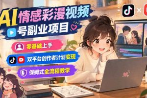 AI情感彩漫视频号副业项目，零基础上手，双平台创作者计划变现，保姆式全流程教学