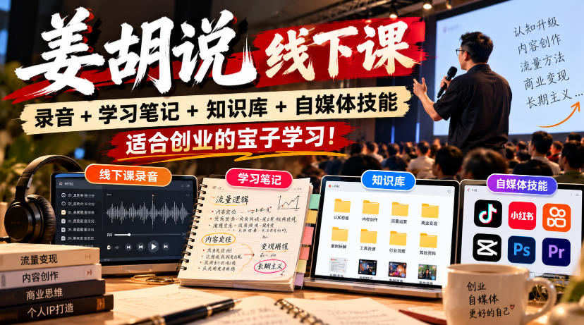 姜胡说线下课录音+学习笔记+知识库+自媒体技能,适合创业的宝子学习!