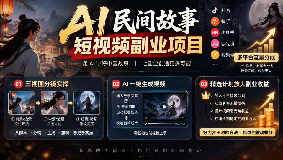 AI民间故事短视频副业项目,多平台流量分成,三视图分镜实操,精选计划放大副业收益