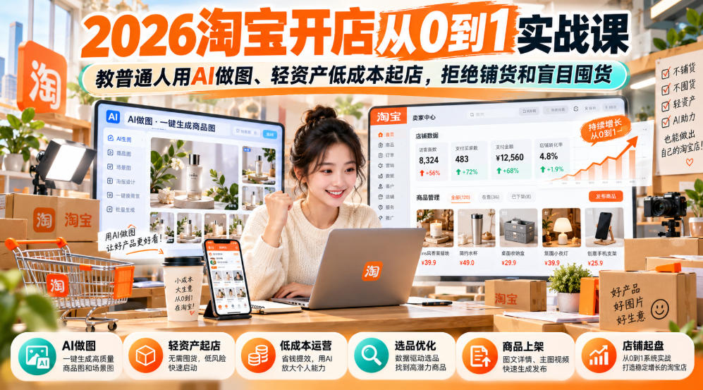 2026淘宝开店从0到1实战课,教普通人用AI做图、轻资产低成本起店,拒绝铺货和盲目囤货