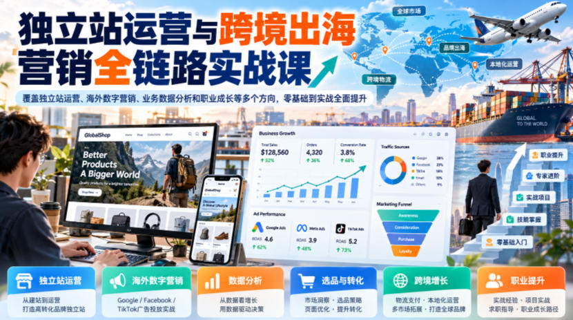 独立站运营与跨境出海营销全链路实战课,覆盖独立站运营、海外数字营销、业务数据分析和职业成长等多个方向,零基础到实战全面提升