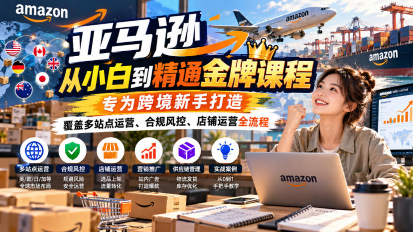 亚马逊从小白到精通金牌课程，专为跨境新手打造，覆盖多站点运营、合规风控、店铺运营全流程