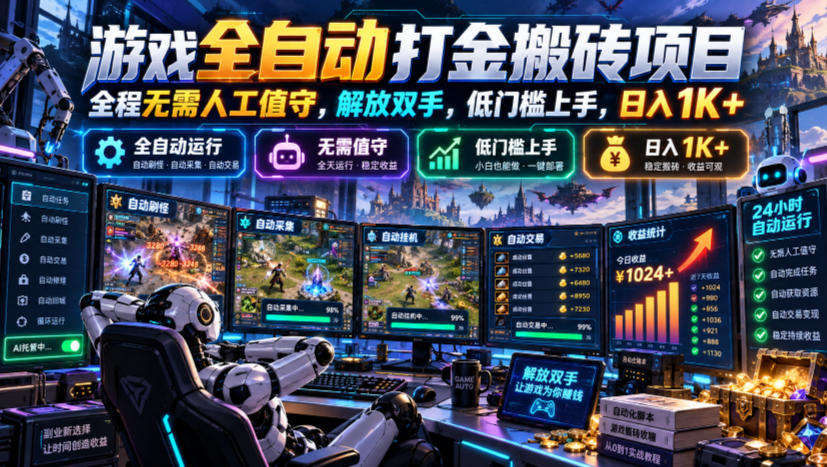 游戏全自动打金搬砖项目，全程无需人工值守，解放双手，低门槛上手，日入1K+【揭秘】