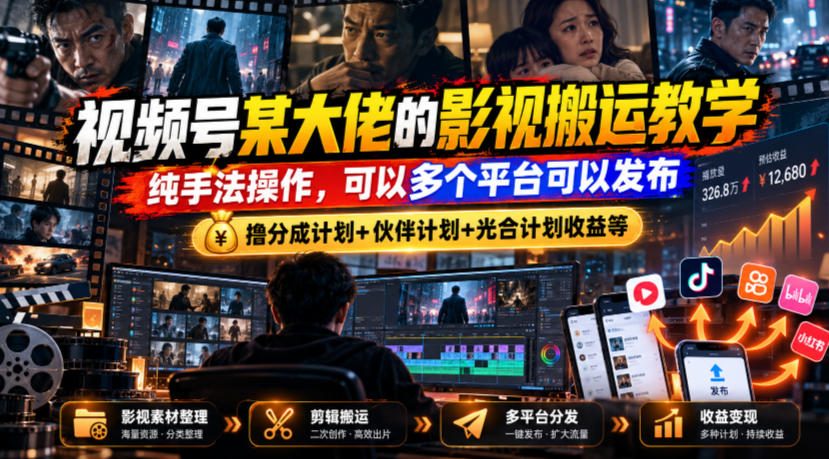 视频号某大佬的影视搬运教学,纯手法操作,可以多个平台可以发布,撸分成计划+伙伴计划+光合计划收益等