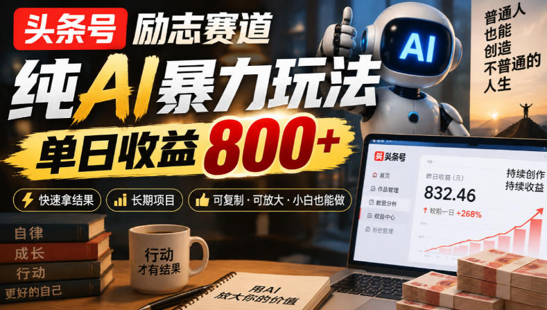 头条号励志赛道,纯AI暴力玩法,单日收益800+,快速拿结果,长期项目