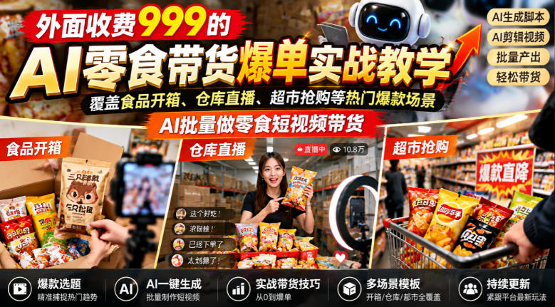 外面收费999的AI零食带货爆单实战教学,覆盖食品开箱、仓库直播、超市抢购等热门爆款场景,AI批量做零食短视频带货