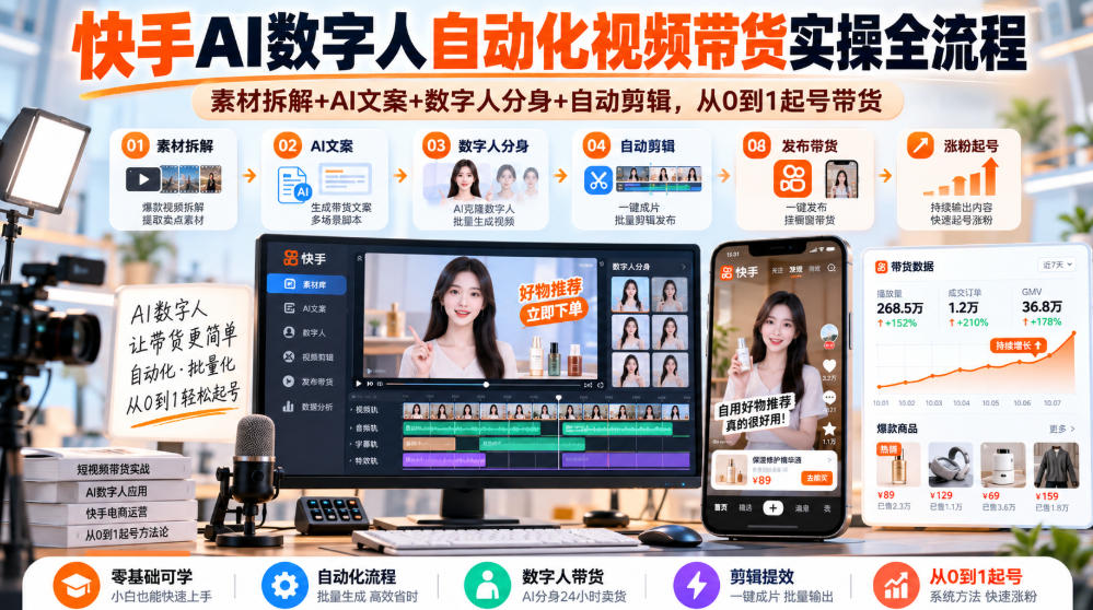 快手AI数字人自动化视频带货实操全流程｜素材拆解+AI文案+数字人分身+自动剪辑，从0到1起号带货（更新26年）