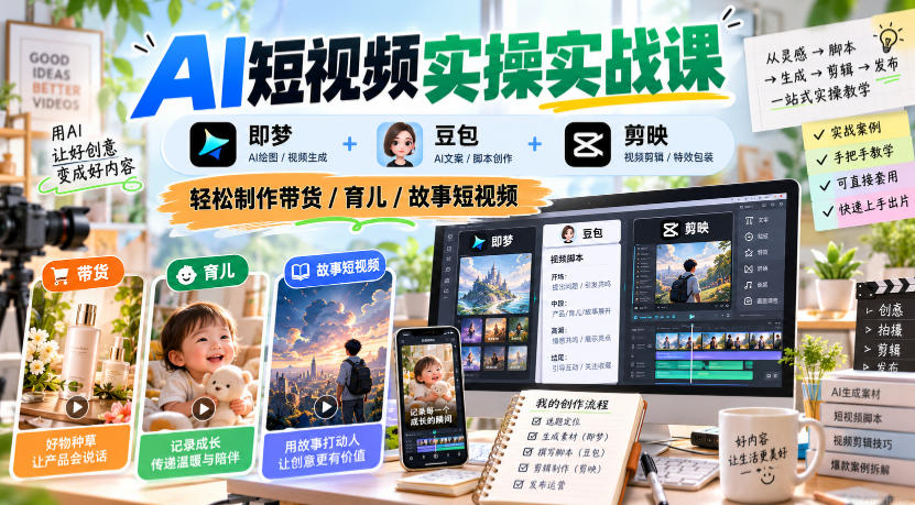 AI短视频实操实战课，即梦+豆包+剪映，轻松制作带货/育儿/故事短视频