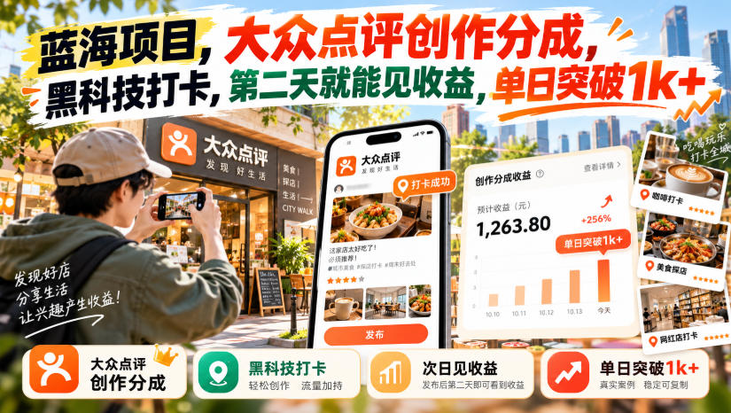 蓝海项目,大众点评创作分成,黑科技打卡,第二天就能见收益,单日突破1k+【揭秘】