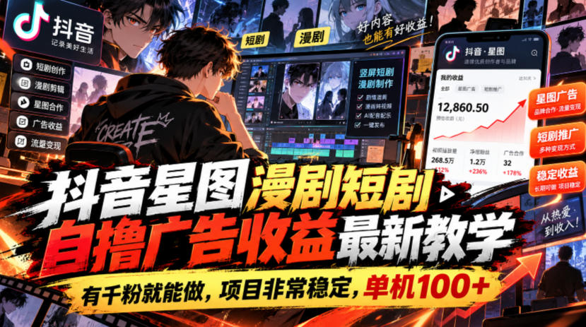 抖音星图漫剧短剧自撸广告收益最新教学,有千粉就能做,项目非常稳定,单机100+