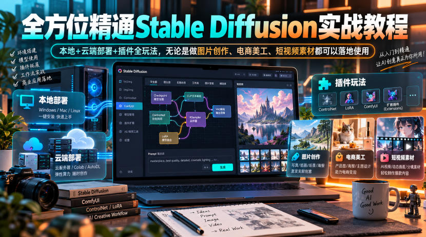 全方位精通Stable Diffusion实战教程|本地+云端部署+插件全玩法,无论是做图片创作、电商美工、短视频素材都可以落地使用