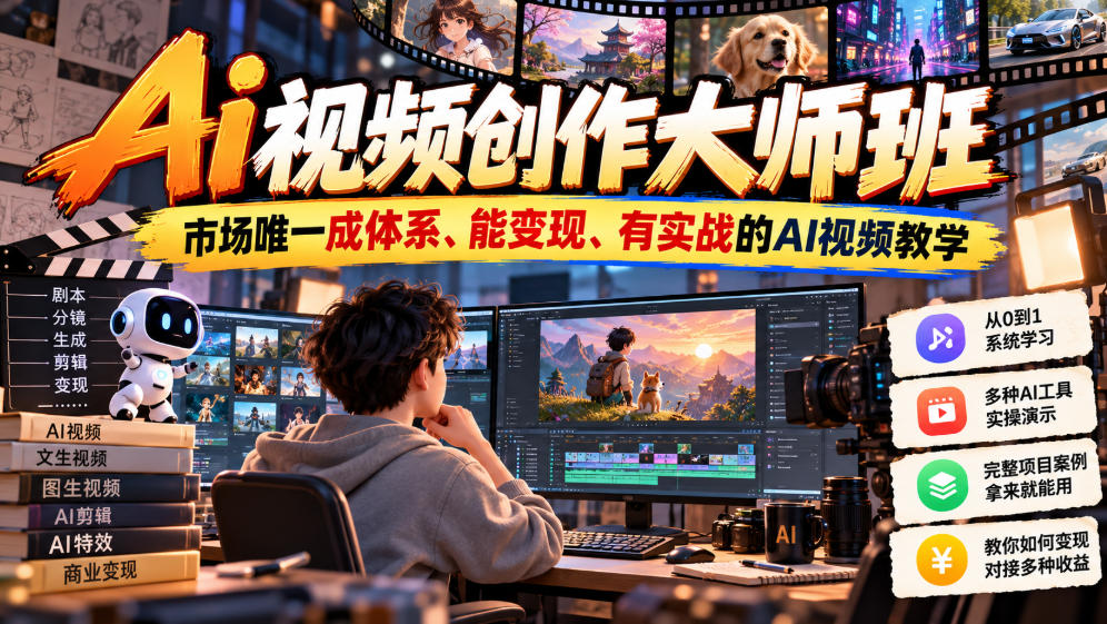 Ai视频创作大师班,市场唯一成体系、能变现、有实战的AI视频教学(更新2026)