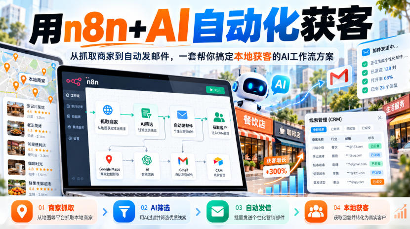 【无水印】用n8n+AI自动化获客,从抓取商家到自动发邮件,一套帮你搞定本地获客的AI工作流方案【原创双语字幕】