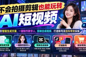 （21100期）不会拍摄剪辑也能玩转AI短视频：教你智能生成文案、一键制作数字人、剪映合成视频、打造账号及挂车带货实操