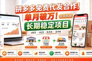 拼夕夕电商免费代发合作模式，单月破1W＋，不用囤货、不用运营（名额有限）【揭秘】
