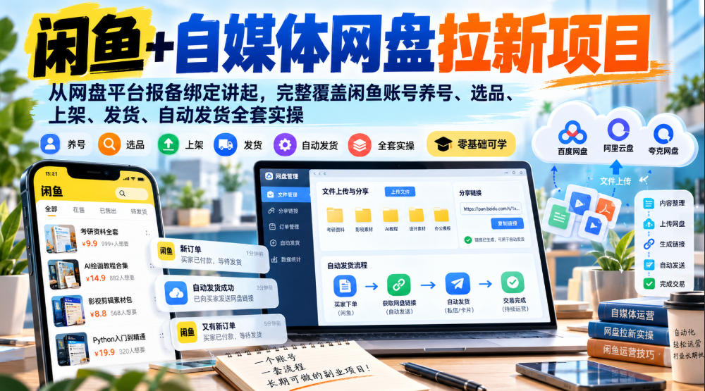闲鱼+自媒体网盘拉新项目,从网盘平台报备绑定讲起,完整覆盖闲鱼账号养号、选品、上架、发货、自动发货全套实操