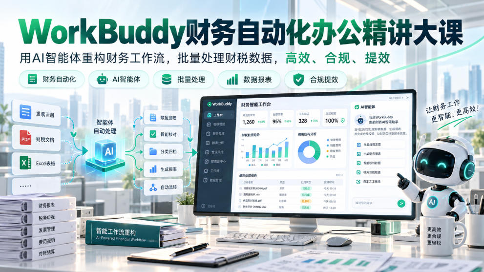 WorkBuddy财务自动化办公精讲大课,用AI智能体重构财务工作流,批量处理财税数据,高效、合规、提效
