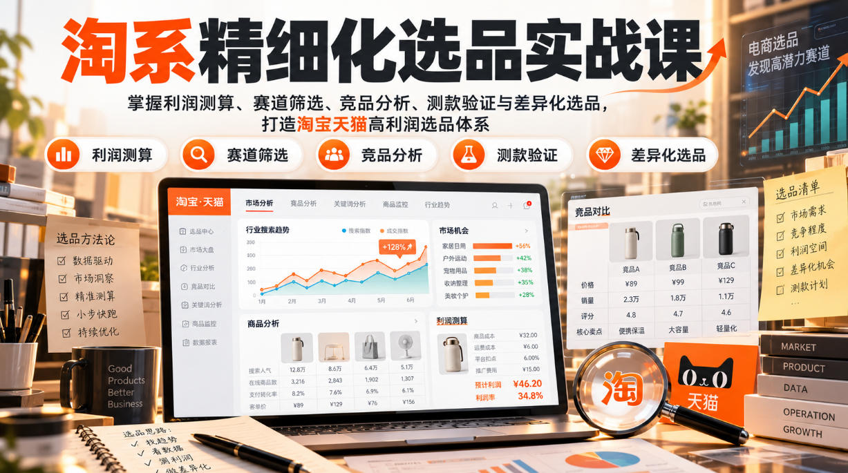 淘系精细化选品实战课:掌握利润测算、赛道筛选、竞品分析、测款验证与差异化选品,打造淘宝天猫高利润选品体系