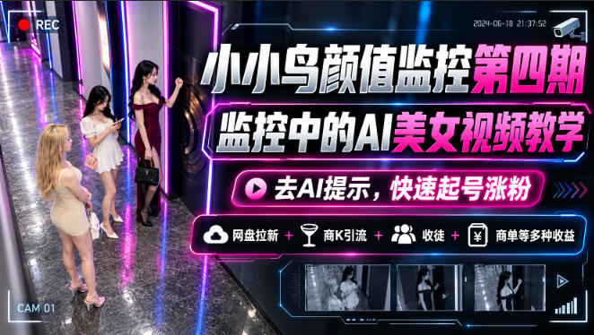 小小鸟颜值监控第四期,监控中的AI美女视频教学,去AI提示,快速起号涨粉,网盘拉新+商K引流+收徒+商单等多种收益