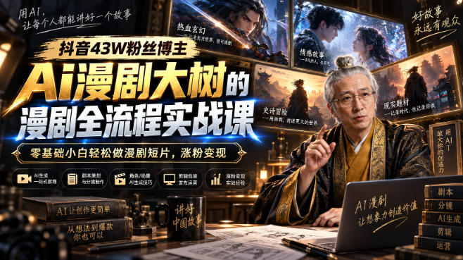 抖音43W粉丝博主Ai漫剧大树的漫剧制作全流程实战课,零基础小白轻松做漫剧短片,涨粉变现(更新1027)