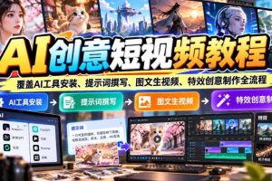 AI创意短视频教程,覆盖AI工具安装、提示词撰写、图文生视频、特效创意制作全流程