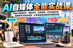【无水印】AI自媒体全能实战课,掌握AI视频创作、爆款起号、剪映剪辑、抖音流量运营、直播带货与商业变现,从零基础到自媒体全链路实操