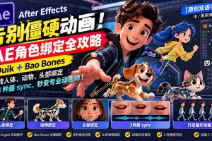 (21217期)【无水印】告别僵硬动画!AE 角色绑定全攻略:Duik+Bao Bones玩转人体/动物/头部绑定+3种唇sync,秒变专业动画师