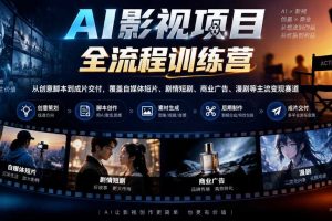 AI影视项目全流程训练营,从创意脚本到成片交付,覆盖自媒体短片、剧情短剧、商业广告、漫剧等主流变现赛道