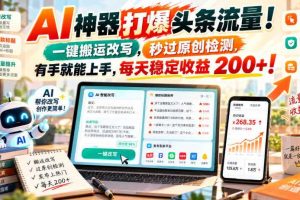 AI神器打爆头条流量，一键搬运改写，秒过原创检测，有手就能上手，每天稳定收益200+！【揭秘】