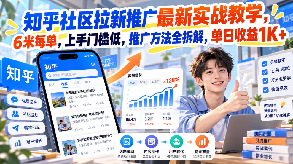 知乎社区拉新推广最新实战教学，6米每单，上手门槛低，推广方法全拆解，单日收益1K+！（更新1030）